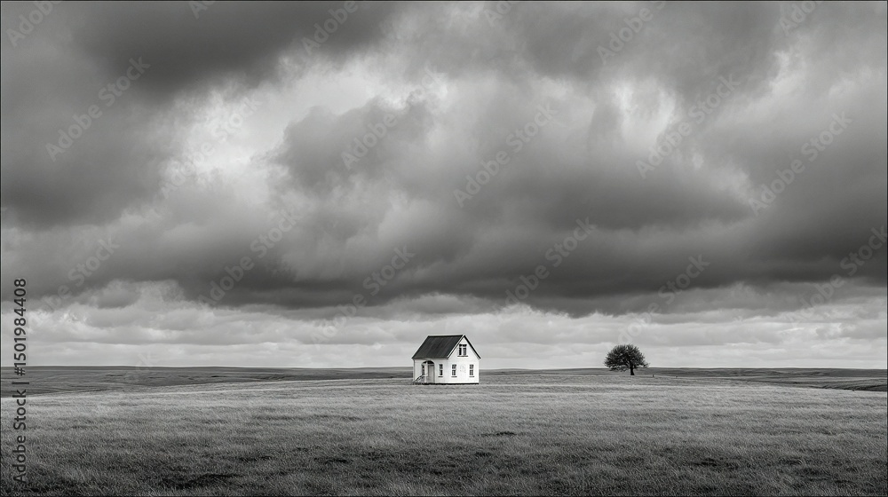 Poster a monochrome image of a house surrounded by greenery with a tree in the foreground