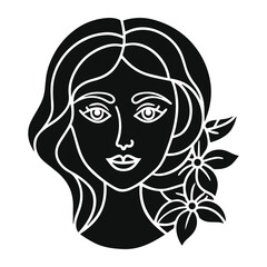 Geometric Female Face – Black & White Abstract with Floral Accents