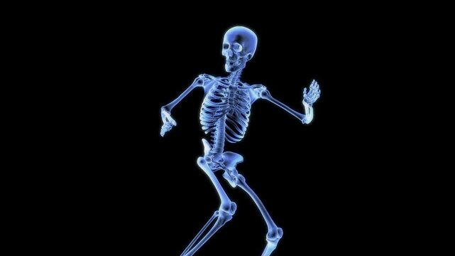 Looped animation of a dancing skeleton isolated on a black screen
