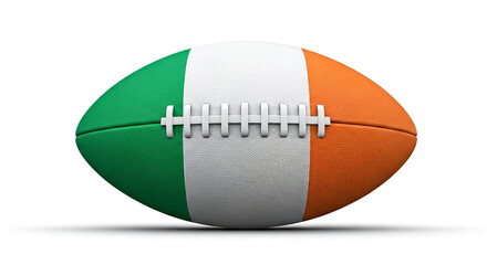 A football painted with the colors of the irish flag on a white background with a slight shadow