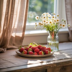 A plate of fresh red strawberries sits on a wooden table near a window. A vase with white flowers is also present, creating a bright and inviting atmosphere.