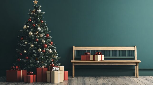 Christmas tree with gifts and wooden bench in a teal room.