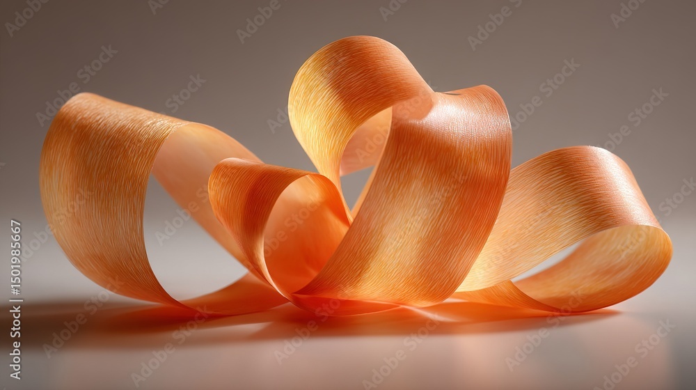 Poster a close-up image of an orange ribbon on a white background, with a subtle reflection at the base of 