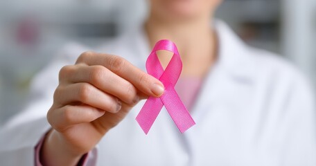 Person holding a pink breast cancer awareness ribbon.