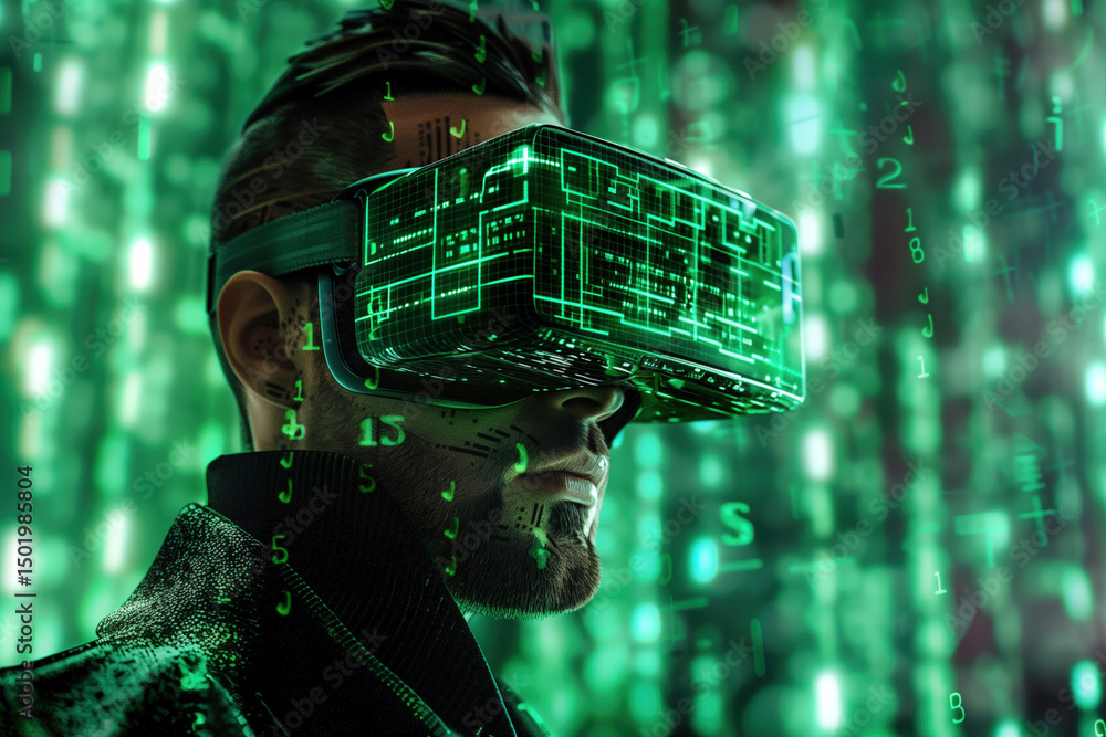 Poster cyberpunk hacker character wearing vr goggles surrounded by matrix of encrypted code projections