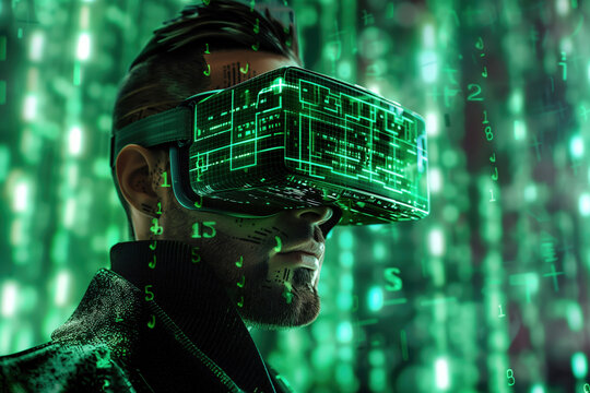 Cyberpunk Hacker Character Wearing VR Goggles Surrounded by Matrix of Encrypted Code Projections