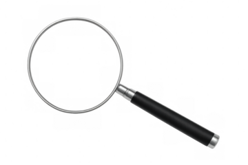 Black-handled magnifying glass resting on transparent surface, highlighting search and discovery processes