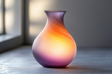 A decorative vase featuring a gradient of purple, orange, and yellow on a gray surface near a window.