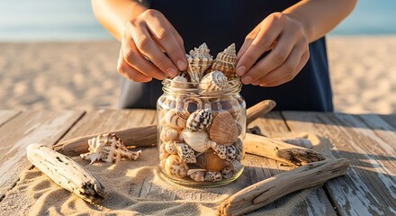 Arranging Seashells in a Jar on a Beach Vacation Getaway