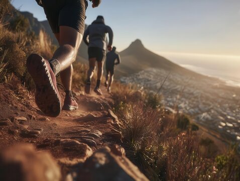 The image dynamically captures trail runners clad in athletic gear as they traverse a rugged mountain ridge, embodying the spirit of endurance sports set against stunning natural backdrops
