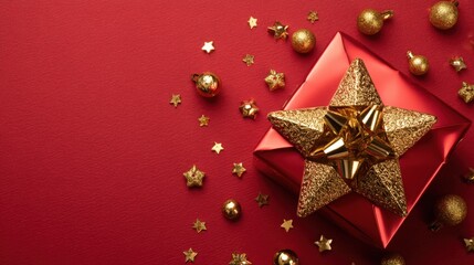 Red gift box with a gold bow and scattered gold stars on a white background, festive and elegant.