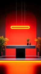Minimalist scene with a red wall, a grey rectangular table, and neon orange lighting.  Plants flank the table