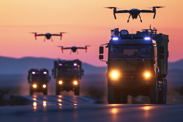 Fototapeta premium Military Transport Drone Convoy Autonomously Coordinating Road Navigation Using IoT Infrastructure