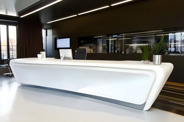 Sleek white futuristic reception desk in a modern corporate office lobby. Clean interior design for a contemporary business entrance and waiting area
