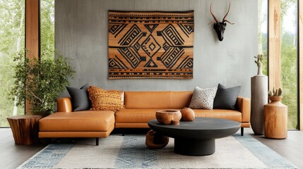 With a bold, colorful tapestry over the large leather sofa, rustic energy fills the room. A modern country interior with warmth and character.