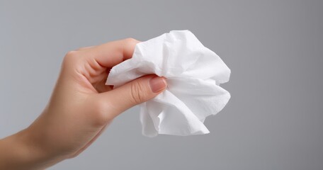 Close-up of a hand holding a crumpled white tissue.