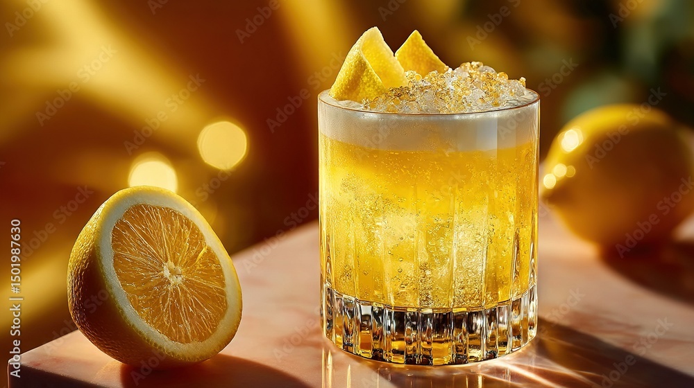 Aufkleber a zoomed-in image of a drink with an orange slice in the foreground and a half-orange in the backgro