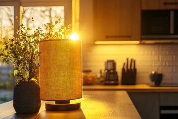 Illuminated lamp on kitchen counter, warm glow, modern kitchen background, home decor