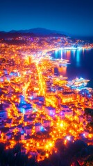 Night cityscape, coastal town ablaze with warm and cool lights, nestled against dark hills and a reflecting sea
