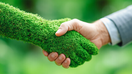 Eco-friendly handshake between human and green nature hand. Symbol of sustainability, green business, and environmental partnership.
