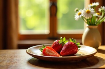 Fresh red strawberries on a wooden plate with a vase of daisies in the background. Natural light illuminates the scene, creating a warm atmosphere.
