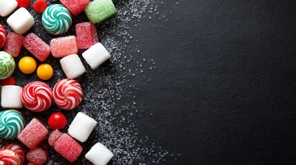 Close-up of a colorful assorted candy pile with various shapes and vibrant colors on a white background.