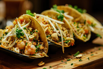 Pad Thai Tacos with Stir-Fried Rice Noodles, Tofu or Shrimp, Bean Sprouts, Peanuts and Thai Chili Sauce in Soft Shells
