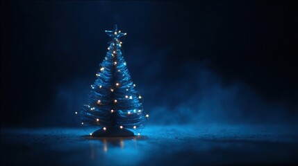 Small illuminated Christmas tree glowing with warm lights against a dark background at night.
