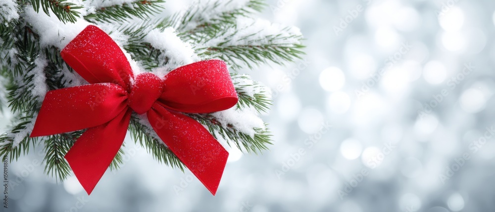 Canvas Prints red bow tied on a snow-covered evergreen branch in a winter outdoor setting with soft daylight.