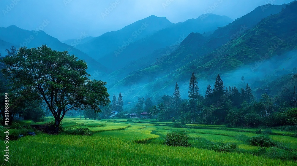 Poster a verdant field with a tree in the foreground and a distant mountain range
