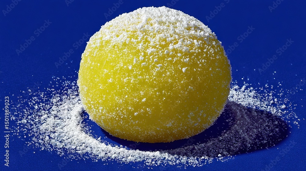 Poster a close-up image of a golden sphere of sugar on a navy background with sparkling white flecks sprink