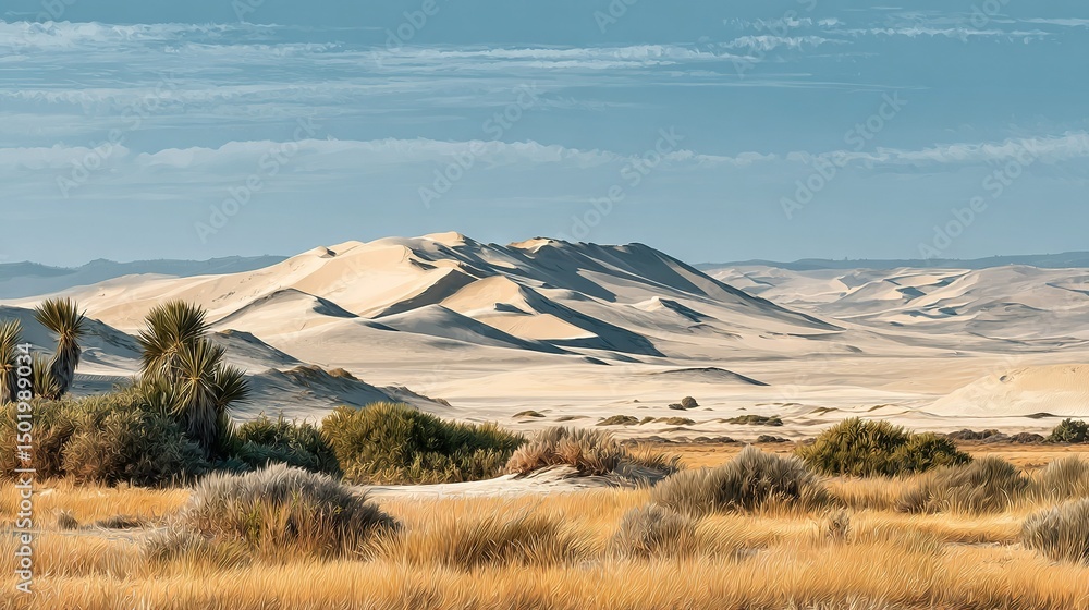 Poster a desert landscape features a rugged mountain range in the background, dotted with sparse trees in t