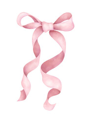 Elegant pink ribbon bow with long, flowing tails in a soft watercolor style. Hand-painted design element  for invitations, packaging, feminine branding, and festive decorations. © Rowanbunch Art