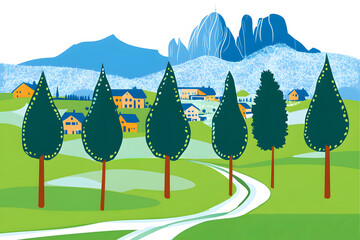 Illustration. A drawing of a mountain landscape with a road and houses. The houses are small and clustered together, and the trees are tall and green