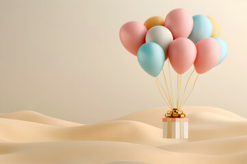 Illustration. A gift box is flying over the desert sand with a group of balloons above it. The balloons are of different colors. Gift and travel concept.