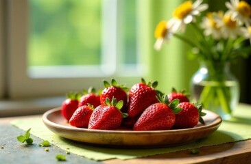 Fresh red strawberries arranged on a wooden plate. A vase with daisies is visible in the background. Natural light illuminates the scene, creating a vibrant atmosphere.