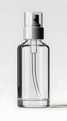 Clear glass spray bottle with silver top and fine nozzle, against a white background, cylindrical shape