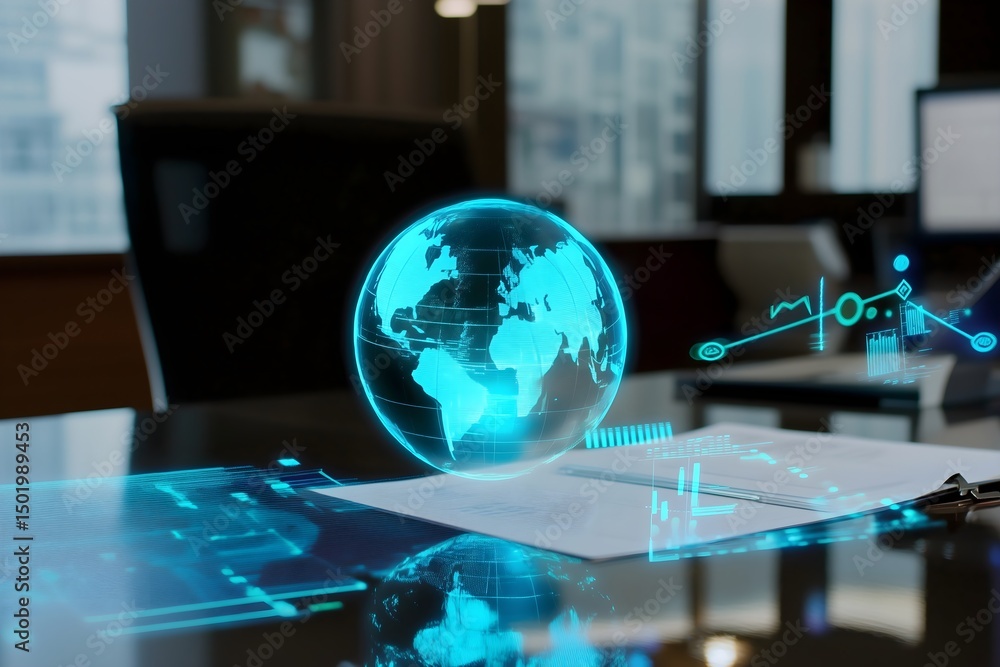 Poster advanced holographic interface projecting a 3d earth globe with financial data analytics over a busi