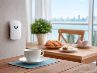 Modern interior scene featuring a white Wi-Fi router on a wall, with a cozy dining table set for breakfast, showcasing a serene atmosphere and inviting ambiance for home connectivity