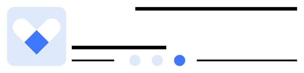 Flat minimalist icon with white and blue elements, text lines, and navigation dots. Ideal for UI design, branding, navigation, app interface, tech, content organization simple landing page