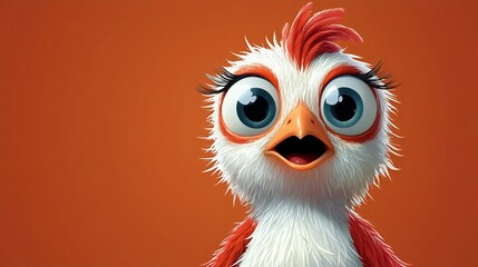 Fototapeta premium A colorful cartoon bird with large expressive eyes on a vibrant orange background, showcasing a cheerful expression and fluffy feathers.