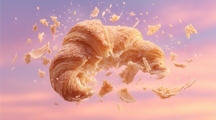 Hyperreal Food Photography of a croissant breaking apart mid-air, buttery flakes suspended with high-speed capture, set against a soft gradient pastel sky
