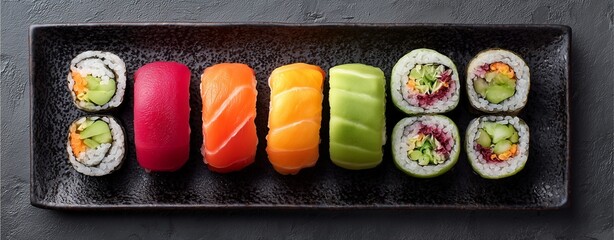 Hyperreal Food Photography of colorful sushi rolls on a matte slate plat