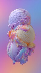 Hyperreal Food Photography of melting ice cream scoops in surreal colors, dreamy soft focus with pastel gradient background, pop surrealist touch