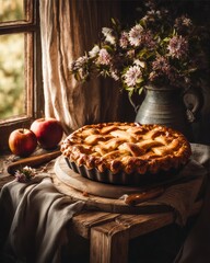 Hyperreal Food Photography styled like vintage cookbook cover, apple pie on rustic wooden table