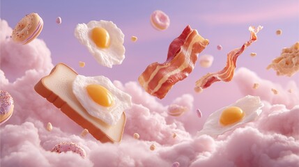 Hyperreal Food Photography with a surreal touch levitating breakfast items, flying bacon and eggs in dreamy soft clouds and pastel background2