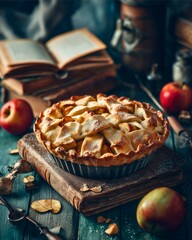Hyperreal Food Photography styled like vintage cookbook cover, apple pie on rustic wooden table