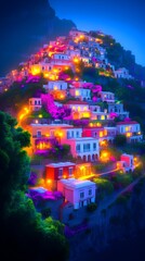 Night scene of colorful houses illuminated on a steep hillside, with lush vegetation
