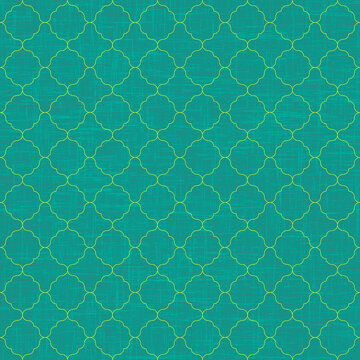 Yellow ogee brick tiles pattern on sea green textured background, seamless pattern