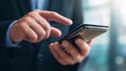 Close-up of businessman using smartphone in office setting.